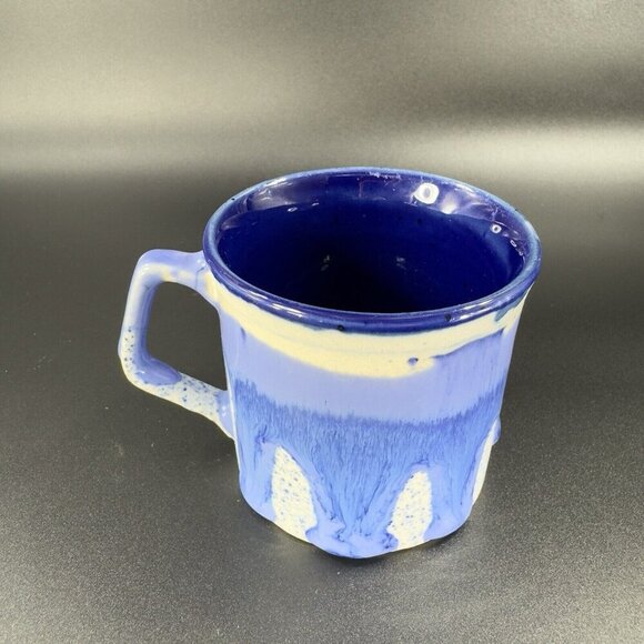 Vintage 1980s Blue Drip Glaze Pottery Coffee Mug Cup Set 2 Hand Made Stoneware - Picture 10 of 16